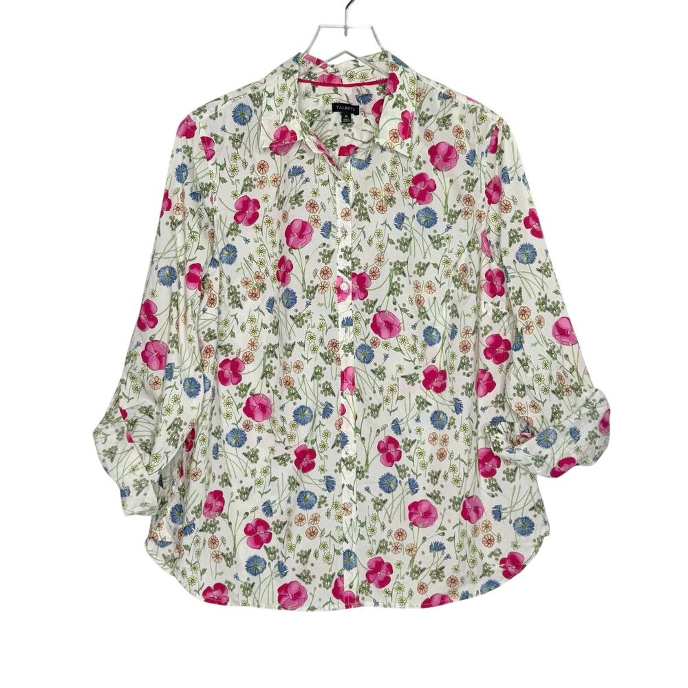 Talbots White Pink Button Down Poplin Shirt 16 Wildflower Pansy Floral Boho